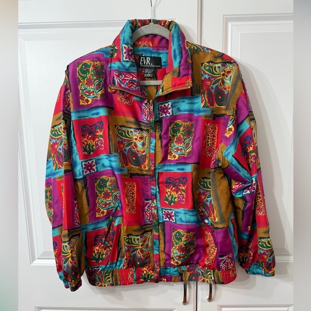 Vintage 90s Y2K EVR Streetwear Scarf Print Silky Jacket Windbreaker Large - Picture 3 of 8
